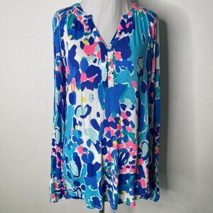 Lilly Pulitzer #25225 Women's Blue Pink V-Neck Floral Tunic Blouse Size Medium